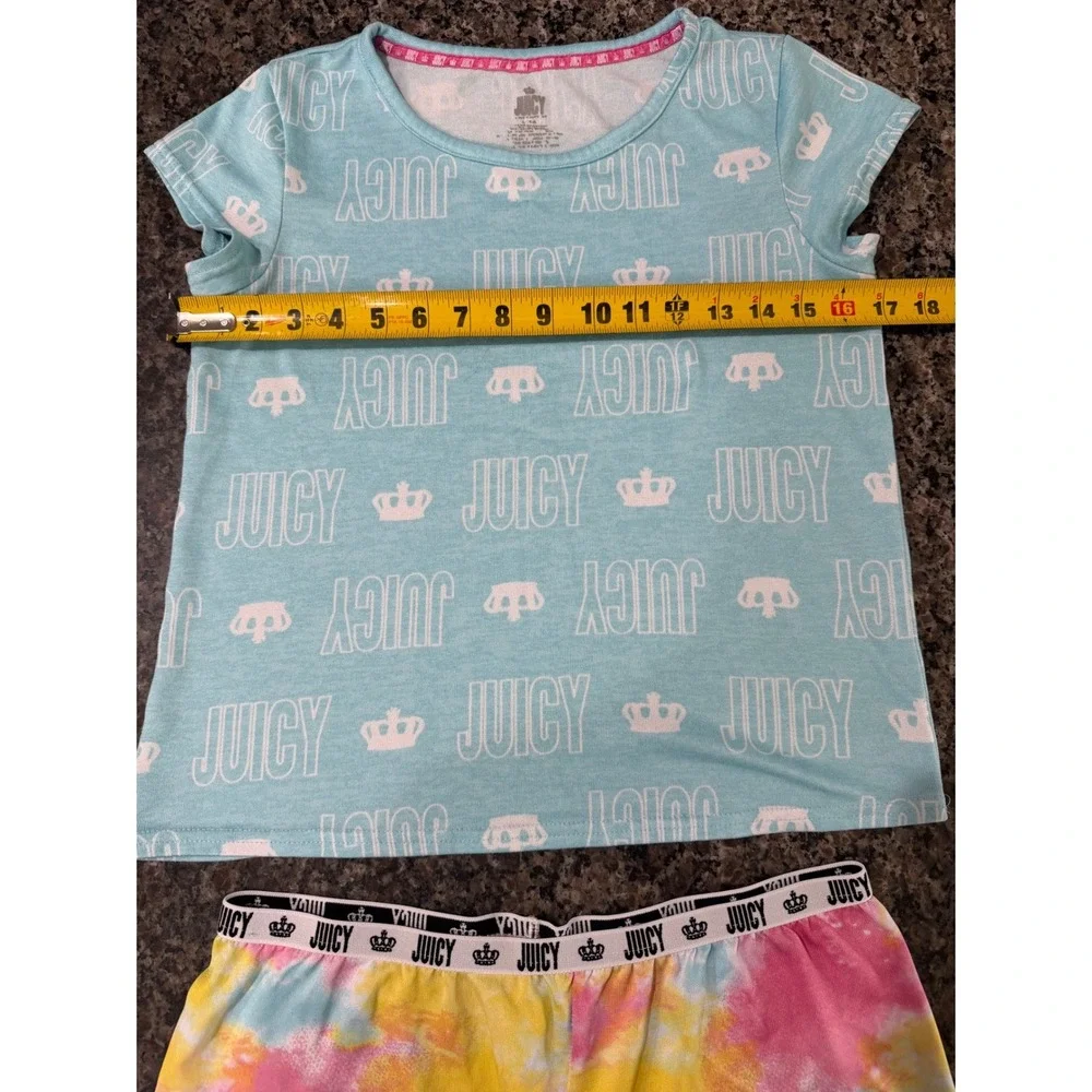 Juicy Couture Girls Pajama Set Size L 14 Blue Logo Top Tie Dye Shorts 2pc‎ PJ